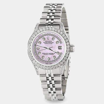 Rolex Custom Pink Pearl Diamond Stainless Steel Datejust  Automatic Women's Wristwatch 26mm
