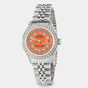 Rolex Custom Orange Diamond Stainless Steel Datejust  Automatic Women's Wristwatch 26mm
