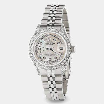 Rolex Custom Natural Pearl Diamond Stainless Steel Datejust  Automatic Women's Wristwatch 26mm