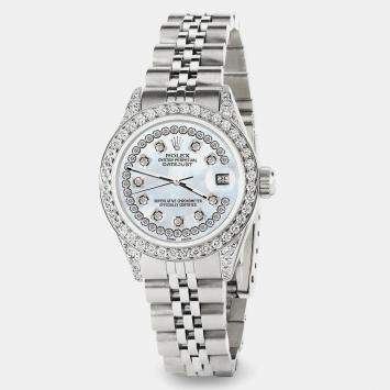 Rolex Custom Blue Diamond Stainless Steel Datejust  Automatic Women's Wristwatch 26mm