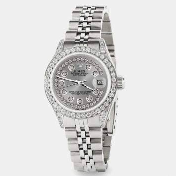 Rolex Custom Grey Diamond Stainless Steel Datejust  Automatic Women's Wristwatch 26mm