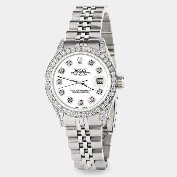 Rolex Custom White Diamond Stainless Steel Datejust  Automatic Women's Wristwatch 26mm