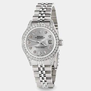 Rolex Custom Silver Diamond Stainless Steel Datejust  Automatic Women's Wristwatch 26mm