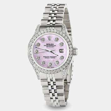 Rolex Custom Pink Pearl Diamond Stainless Steel Datejust  Automatic Women's Wristwatch 26mm