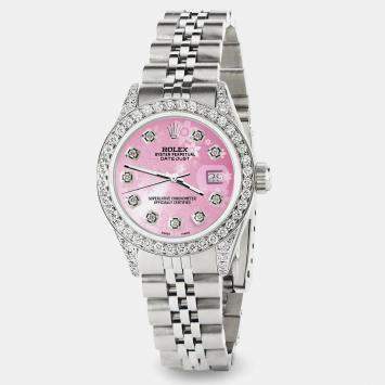 Rolex Custom Pink Diamond Stainless Steel Datejust  Automatic Women's Wristwatch 26mm