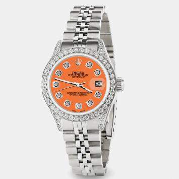 Rolex Custom Orange Diamond Stainless Steel Datejust  Automatic Women's Wristwatch 26mm