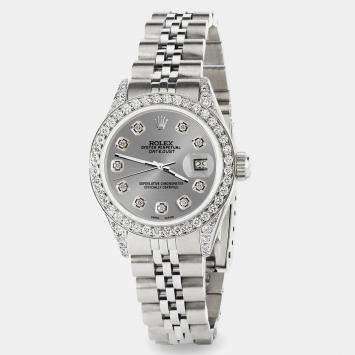 Rolex Custom Grey Diamond Stainless Steel Datejust  Automatic Women's Wristwatch 26mm