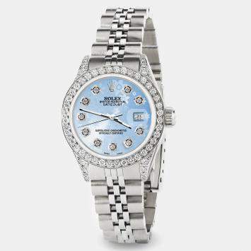 Rolex Custom Blue Flower Diamond Stainless Steel Datejust  Automatic Women's Wristwatch 26mm
