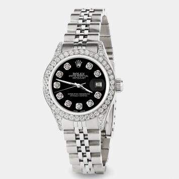 Rolex Custom Black Diamond Stainless Steel Datejust  Automatic Women's Wristwatch 26mm