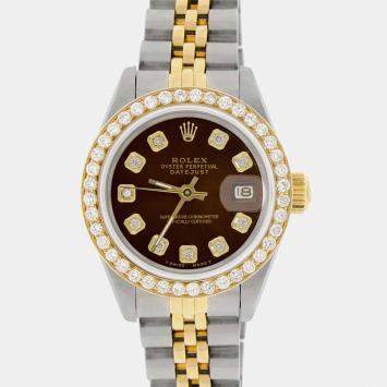 Rolex Custom Cocoa Brown Diamond 18K Yellow Gold Stainless Steel Datejust  Automatic Women's Wristwatch 26mm