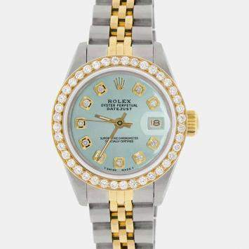 Rolex Custom Pastel Blue Diamond 18K Yellow Gold Stainless Steel Datejust  Automatic Women's Wristwatch 26mm