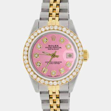 Rolex Custom Hot Pink Diamond 18K Yellow Gold Stainless Steel Datejust  Automatic Women's Wristwatch 26mm