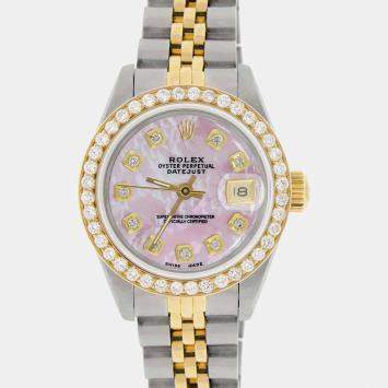 Rolex Custom Pink MOP Diamond 18K Yellow Gold Stainless Steel Datejust  Automatic Women's Wristwatch 26mm