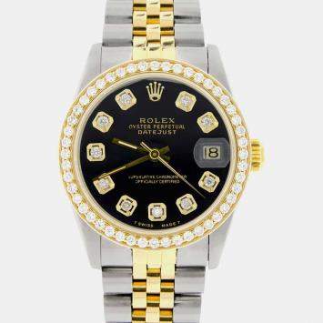 Rolex Custom Black Diamond 18K Yellow Gold Stainless Steel Datejust  Automatic Women's Wristwatch 31mm