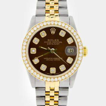 Rolex Custom Cocoa Brown Diamond 18K Yellow Gold Stainless Steel Datejust  Automatic Women's Wristwatch 31mm