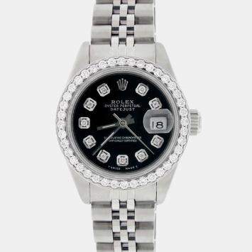 Rolex Custom Black Diamond Stainless Steel Datejust  Automatic Women's Wristwatch 26MM