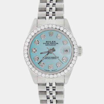 Rolex Customised Blue Diamond Stainless Steel Datejust  Automatic Women's Wristwatch 26MM