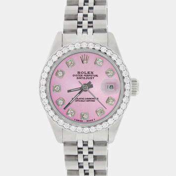 Rolex Customised Hot Pink Diamond Stainless Steel Datejust  Automatic Women's Wristwatch 26MM