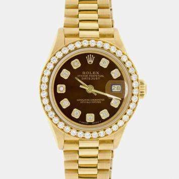 Rolex Customised Cocoa Brown Diamond 18K Yellow Gold President Datejust  Automatic Women's Wristwatch 26MM