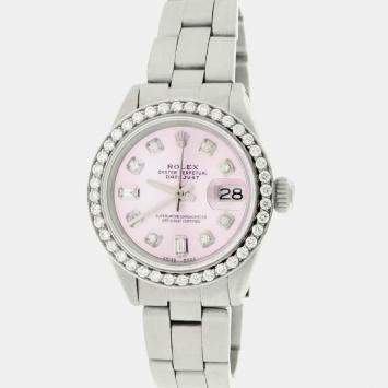 Rolex Customised Pink Diamond Stainless Steel Datejust  Automatic Women's Wristwatch 26mm