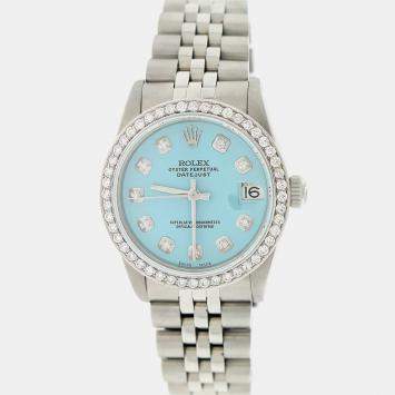 Rolex Customised Blue Diamond Stainless Steel Datejust  Automatic Women's Wristwatch 31MM