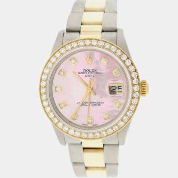 Rolex Customised Pink MOP 1.8CT Diamond 18K Yellow Gold Stainless Steel Oyster Perpetual Date  Automatic Men's Wristwatch 34mm