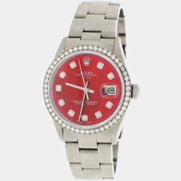 Rolex Customised Imperial Red MOP Diamond Stainless Steel Oyster Perpetual Date  Automatic Men's Wristwatch 34mm