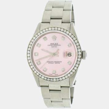 Rolex Customised Pink Diamond Stainless Steel Oyster Perpetual Date  Automatic Men's Wristwatch 34mm
