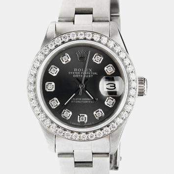 Rolex Customised Black Diamond Stainless Steel Datejust  Automatic Women's Wristwatch 26mm
