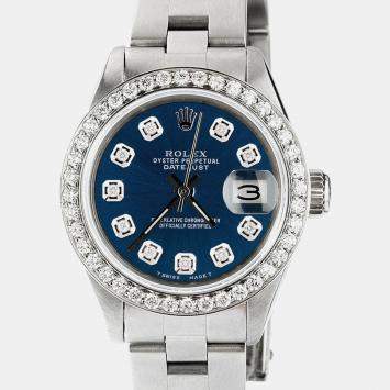 Rolex Customised Blue Diamond Stainless Steel Datejust  Automatic Women's Wristwatch 26mm