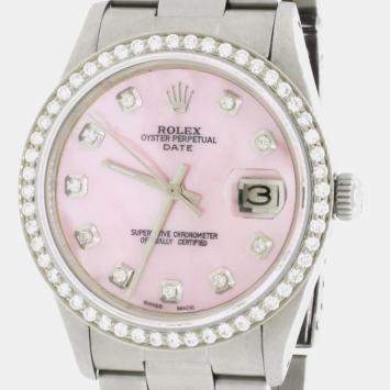 Rolex Customised Pink MOP Diamond Stainless Steel Oyster Perpetual Date  Automatic Men's Wristwatch 34mm