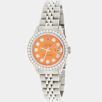Rolex Customised Orange Diamond Stainless Steel Datejust  Automatic Women's Wristwatch 26mm
