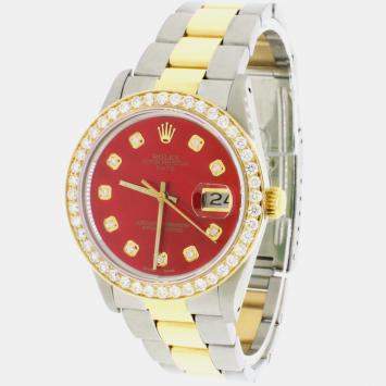 Rolex Customised Red MOP 1.8CT Diamond 18K Yellow Gold Stainless Steel Oyster Perpetual Date  Automatic Men's Wristwatch 34mm