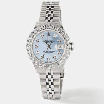 Rolex Customised Sky Blue MOP 2CT Diamond Stainless Steel Datejust  Automatic Women's Wristwatch 26mm
