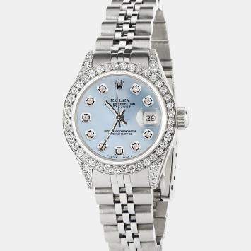 مملوكة مسبقًا Rolex Customised Sky Blue MOP Diamond Stainless Steel Datejust  Automatic Women's Wristwatch 26mm