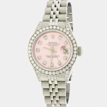 Rolex Customised Ice Pink Diamond Stainless Steel Datejust  Automatic Women's Wristwatch 26mm