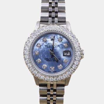 Pre Owned Rolex Customised Sky Blue MOP 2CT Diamond Stainless Steel Datejust  Automatic Women's Wristwatch 26mm