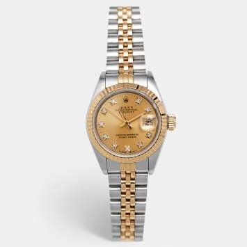 Pre Owned Rolex Champagne Diamond 18k Yellow Gold Stainless Steel Datejust 69173 Women's Wristwatch 26 mm