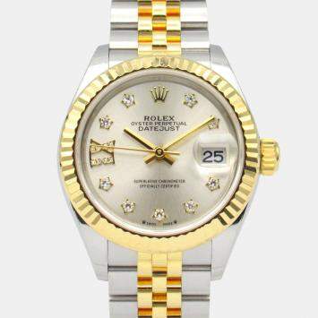 Rolex Silver Diamond Two-Tone 18K Yellow Gold Stainless Steel 28 mm Women's Datejust Automatic Fluted Bezel Jubilee Bracelet Wristwatch