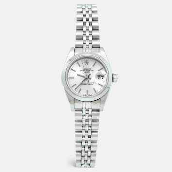 Pre Owned Rolex Silver Dial 18K White Gold Stainless Steel Oyster Perpetual Date 79160 Women's Wristwatch 26 mm