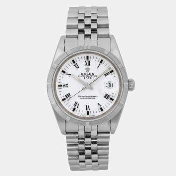 Rolex White Stainless Steel Oyster Perpetual Date 15210 Automatic Women's Wristwatch 34 mm