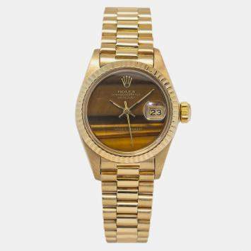 Pre Owned Rolex Brown Tiger Eye Yellow Gold Datejust 69178 Automatic Women's Wristwatch 26mm