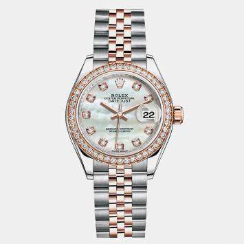 Rolex White 18K Rose Gold Stainless Steel Datejust 279381RBR Automatic Women's Wristwatch 28mm