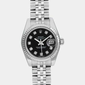 Pre Owned Rolex Datejust 179174 Automatic Black Diamond Dial 18K White Gold Stainless Steel Women's Wristwatch 26 mm