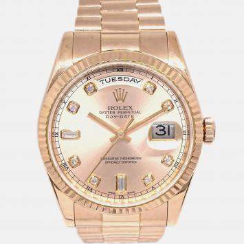 Pre Owned Rolex Day-Date 118235 Automatic Gold 18k Rose Gold Diamond Women's Wristwatch 36 mm