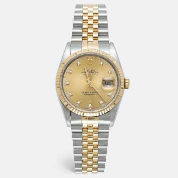 Pre Owned Rolex Champagne Diamond 18K Yellow Gold Stainless Steel Datejust 16233 Unisex Wristwatch 36 mm