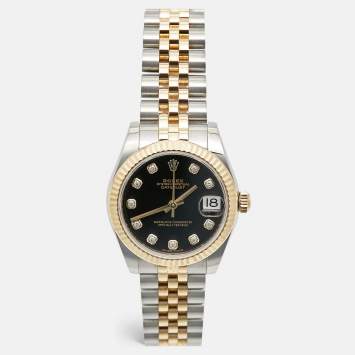 Pre Owned Rolex Datejust 178273-0020 Black Dial Diamond 18K Yellow Gold Stainless Steel Women's Wristwatch 31 mm