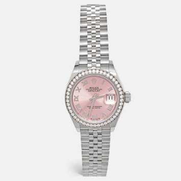 Pre Owned Rolex Pink 18k White Gold Diamond Oystersteel Datejust 279384RBR Women's Wristwatch 28 mm 