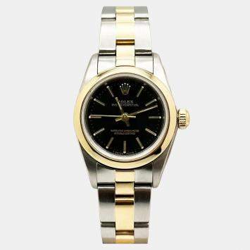 Pre Owned Rolex Oyster Perpetual 76183 Automatic Black 18k Yellow Gold Stainless Steel Women's Wristwatch 24 mm
