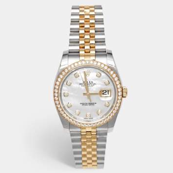 Pre Owned ساعة يد رجالية رولكس ديت جست 116243-0018 ذهب أصفر عيار 18 وستانلس ستيل وألماس وصدف بيضاء 36 مم